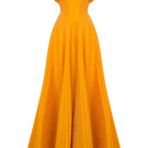 Moon Soleil Tangerine gown featuring flowing fabric and elegant design, perfect for formal occasions.