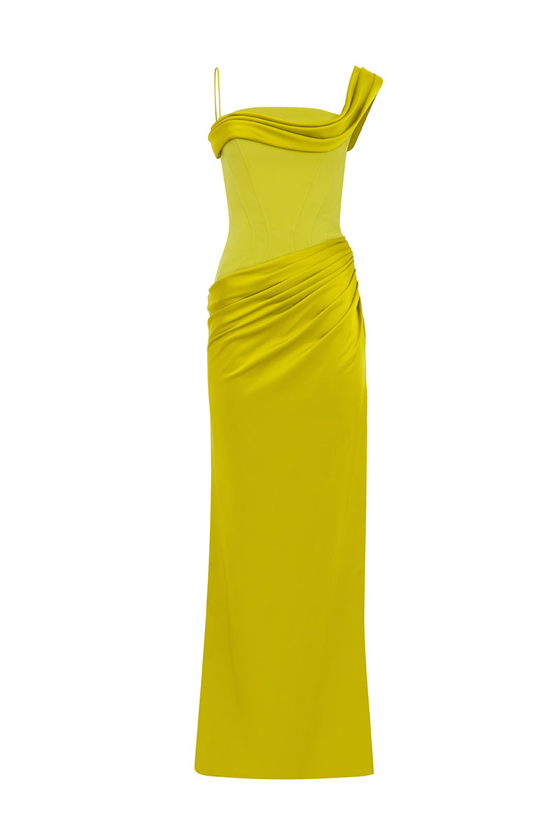 Pistachio ÈTOILE gown by MOON / HAKAN YILDIRIM with elegant flowing fabric and intricate detailing.
