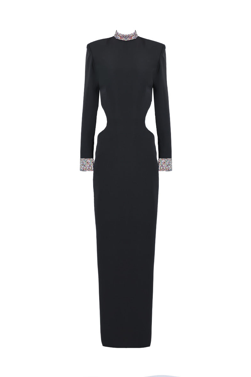 BLACK OPEN-BACK DRESS WITH EMBROIDERED - CULT MIA
