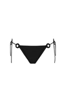 Black Aguaclara side tie bikini bottoms with adjustable strings, shown on a model for a stylish swimwear look.