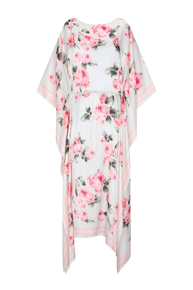 Aaguaclara rose-colored midi kaftan dress with flowing fabric and intricate details, perfect for a stylish, elegant look.