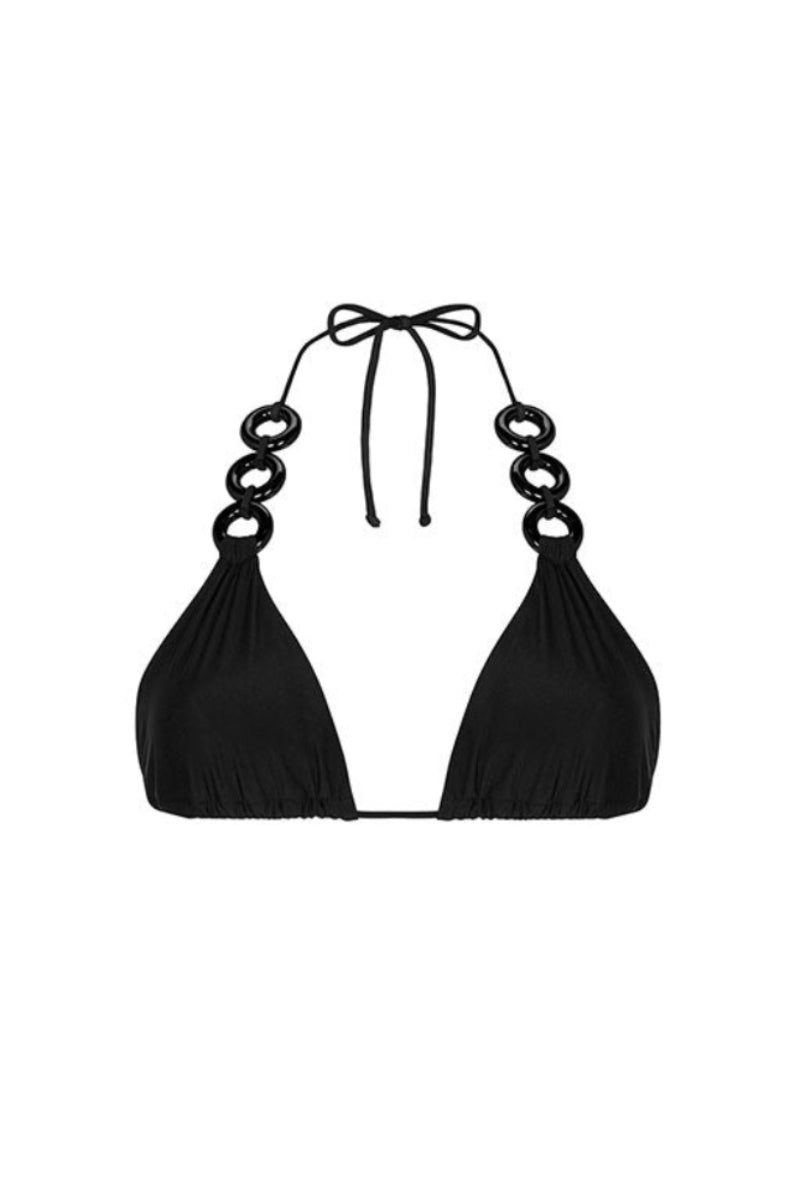Black triangle bikini top by Aguaclara, featuring classic triangle design with adjustable straps, perfect for swimwear and beach outings.
