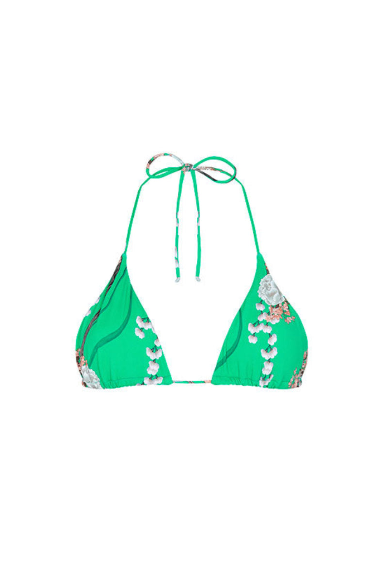 Aguaclara Jade Triangle Bikini Top in vibrant green with adjustable straps, displayed on a white background.