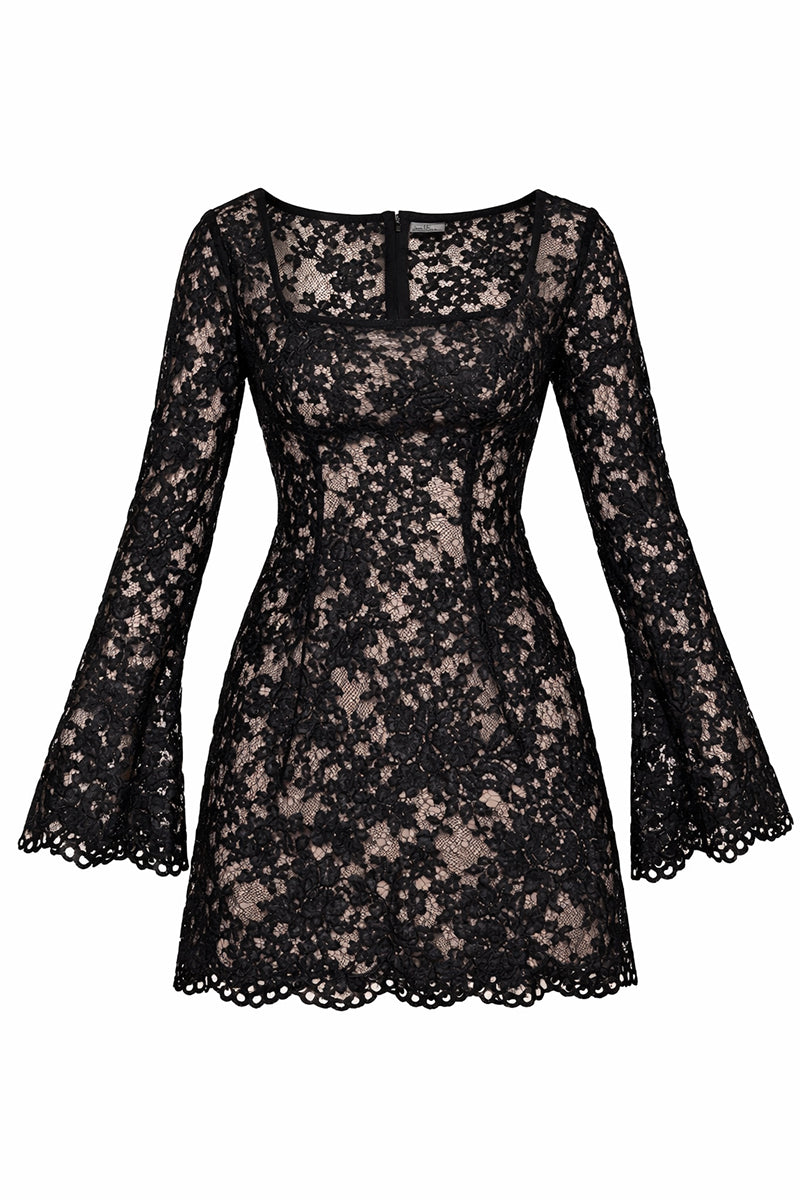 Black lace mini dress by Junie featuring intricate lace details and a stylish fit, perfect for elegant or evening wear.