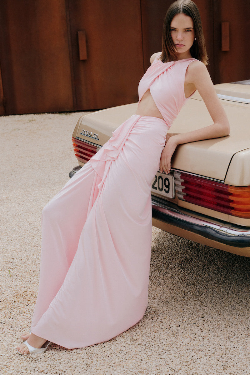 Pink maxi dress by Gigii's, Maja Dress in Ballerina Pink, featuring a flowing silhouette and elegant design.