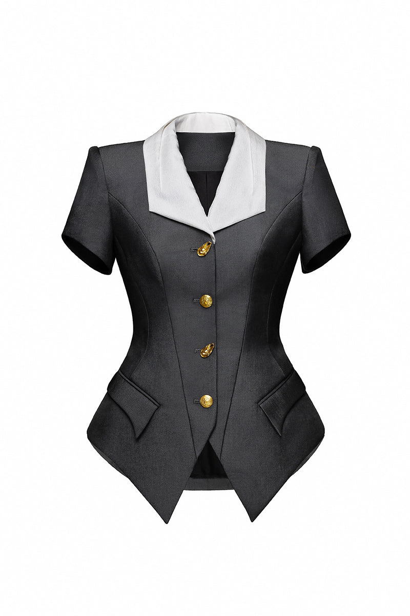 Jenny K Tran GILVAN blazer jacket displayed on a hanger, showcasing tailored fit and classic design in a professional setting.