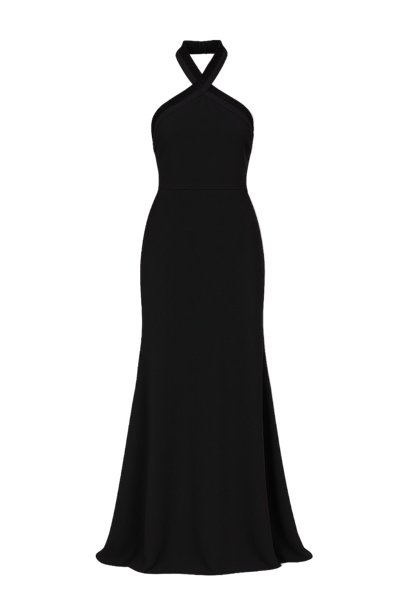 GISEL HALTER NECK LONG EVENING DRESS IN BLACK