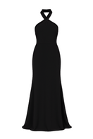 Black GISEL halter neck long evening gown by UNDRESS, featuring elegant design and flowing fabric.