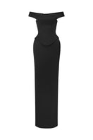 Black off-shoulder gown by Le Thanh Hoa, front view showing elegant, flowing fabric and stylish neckline.