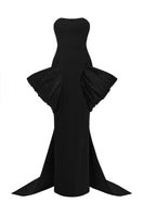 Black peplum gown by Le Thanh Hoa showing front view with fitted bodice and elegant peplum detail.