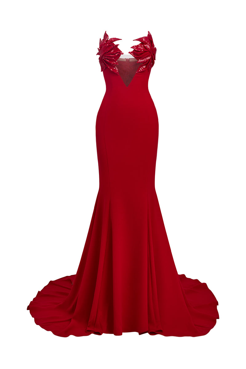 Front view of Le Thanh Hoa Scarlet Bloom mermaid gown with intricate floral embroidery and fitted silhouette.