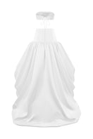White draped bandeau top and balloon skirt co-ords by Phan Huy, front view showing elegant fabric details and stylish design.