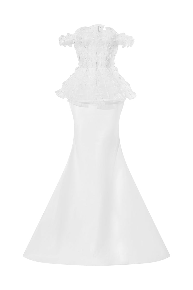 OFF-SHOULDER PEPLUM TRUMPET DRESS IN WHITE - CULT MIA