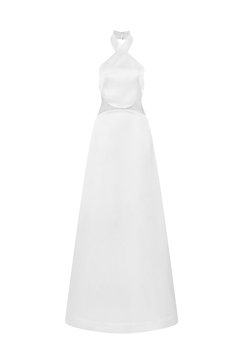 HALTERNECK A-LINE DRESS WITH CUTOUT MIDWAIST - CULT MIA