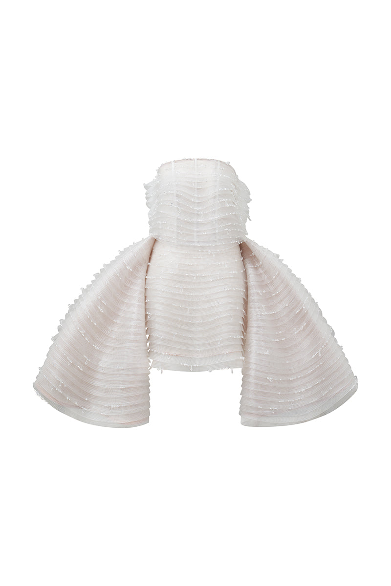 Beaded sleeveless layered bustier mini dress with matching overskirt by Phan Huy, front view showing intricate bead details.