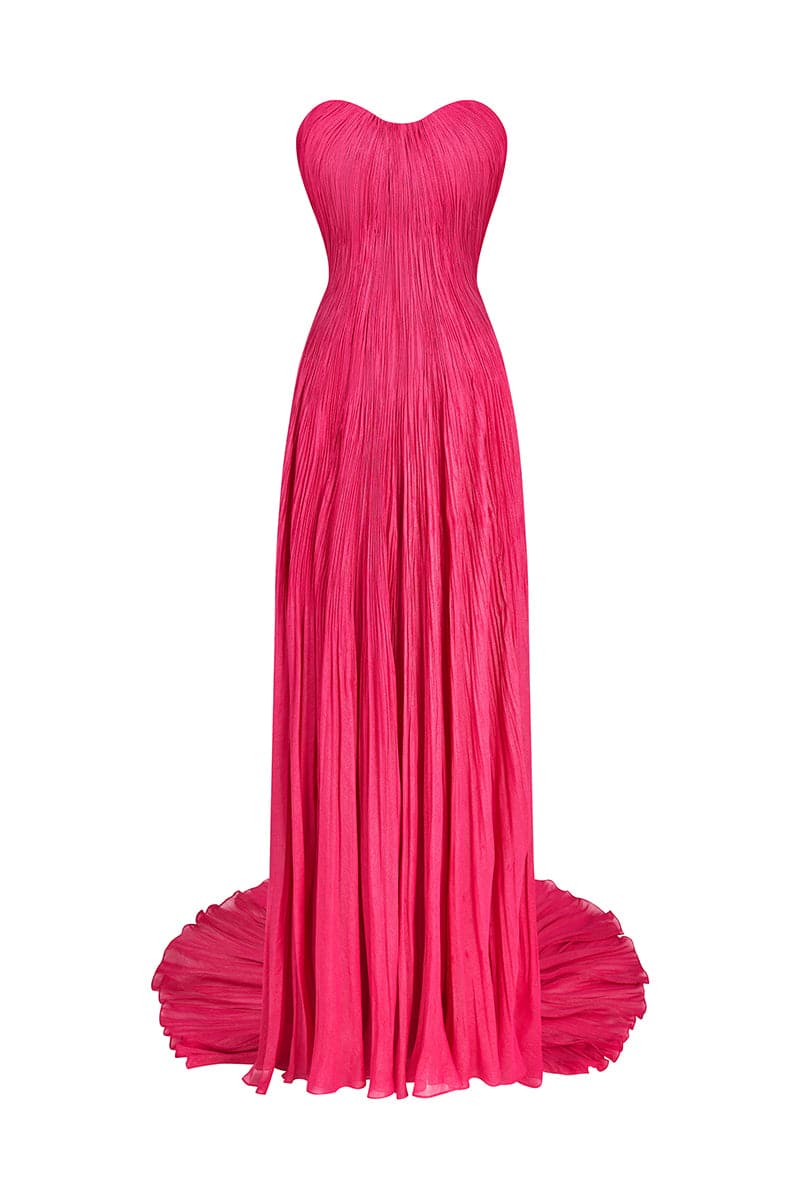 Le Thanh Hoa pink off-shoulder pleated gown showcasing front view with elegant pleats and flowing fabric.