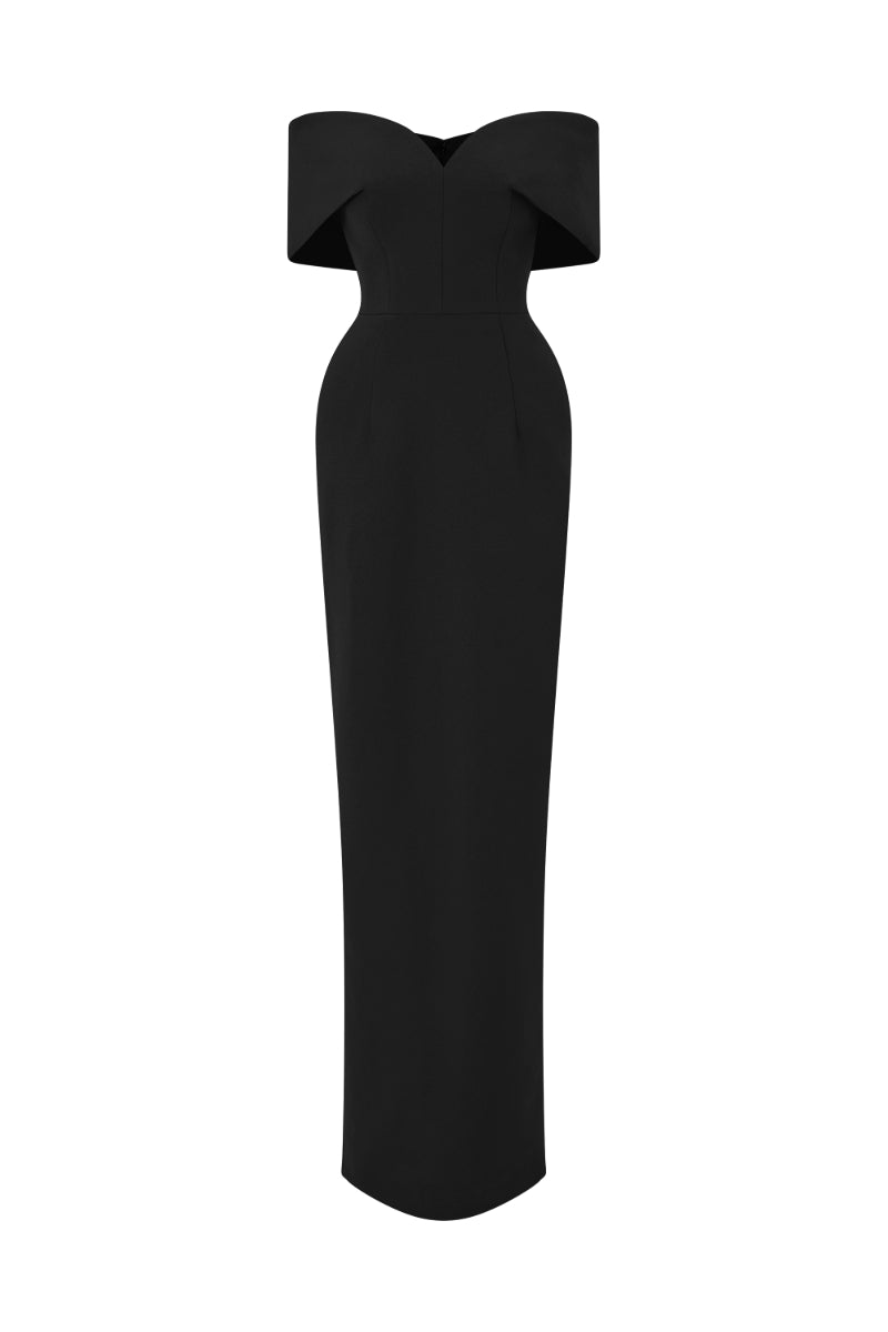 Le Thanh Hoa ELLE off-shoulder gown showing front view with elegant draping and fitted design in black fabric.