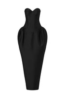 Front view of a sculpted strapless gown by Le Thanh Hoa, featuring elegant design and fitted silhouette.