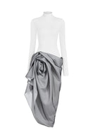Le Thanh Hoa twilight white turtleneck gown showing front view, elegant long dress with high collar and smooth fabric.