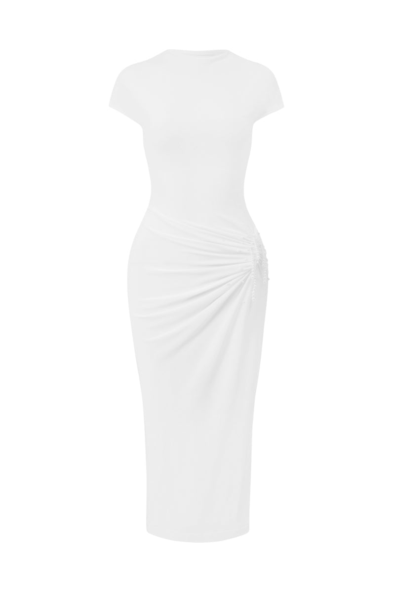 IVORY RUCHE WHITE MIDI DRESS - CULT MIA
