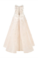 Phan Huy A-line sheer tulle gown with hand-embroidered beads, showcasing elegant back view and intricate detailing.