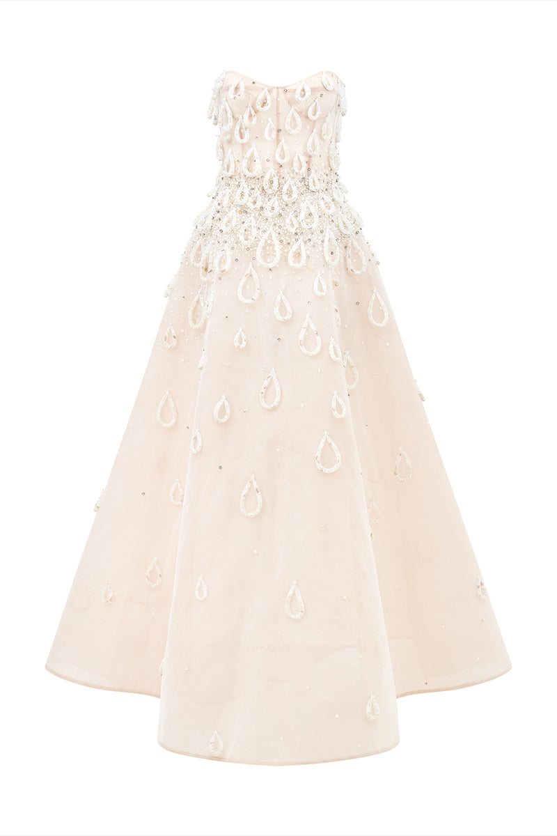 A-LINE SHEER TULLE GOWN WITH HAND EMBROIDERED BEADS - CULT MIA
