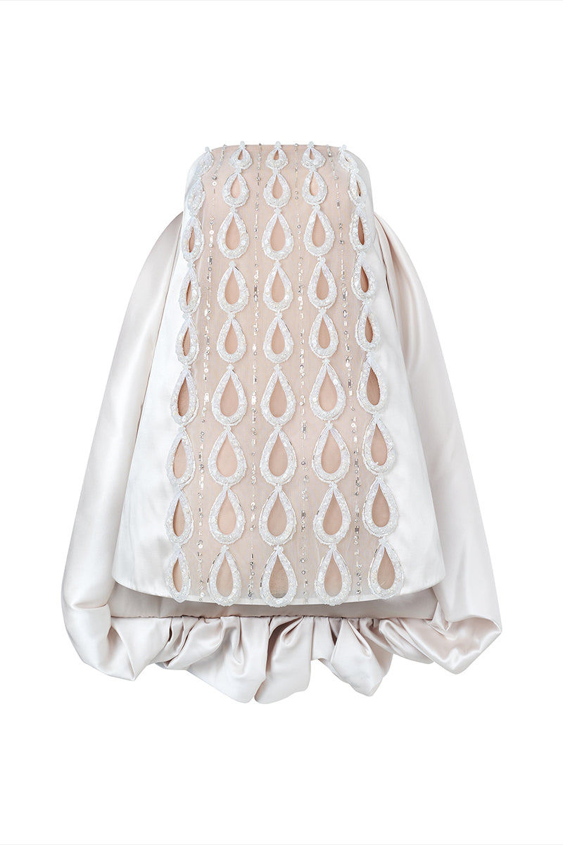 Front view of Phan Huy off-shoulder teardrop mini dress, showcasing its stylish neckline and fitted silhouette.