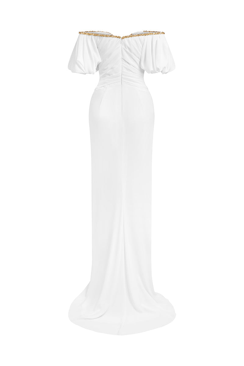 MIGUEL WHITE DRAPED BEADED LONG GOWN - CULT MIA