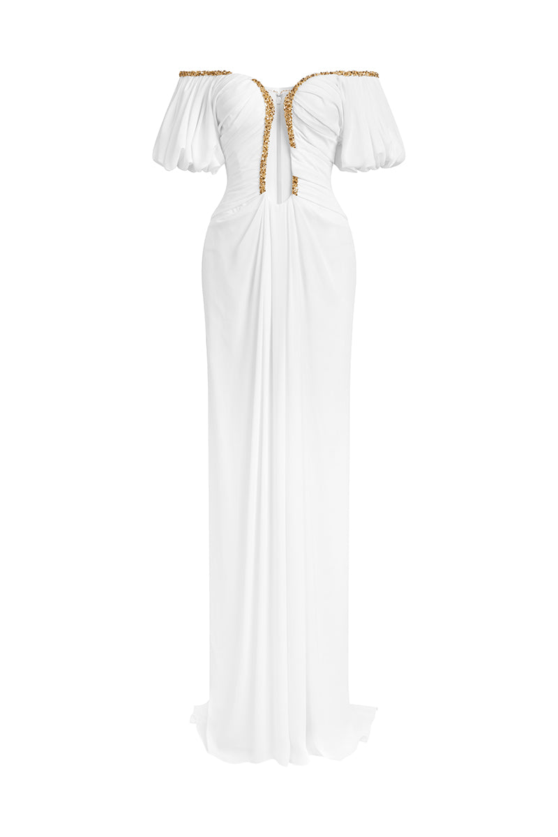 MIGUEL WHITE DRAPED BEADED LONG GOWN - CULT MIA