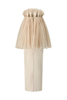 Phan Huy nude pleated top and pencil skirt set, stylish co-ords outfit with pleats and fitted silhouette, detailed close-up image.
