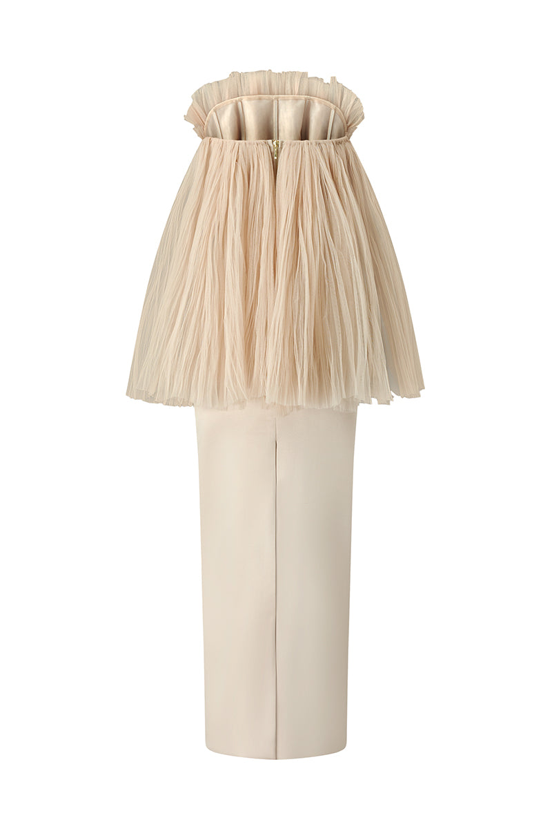 Phan Huy nude pleated top and pencil skirt set, stylish co-ords outfit with pleats and fitted silhouette, detailed close-up image.