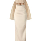 Phan Huy nude pleated top and pencil skirt co-ords set, front view showing stylish pleats and fitted silhouette.