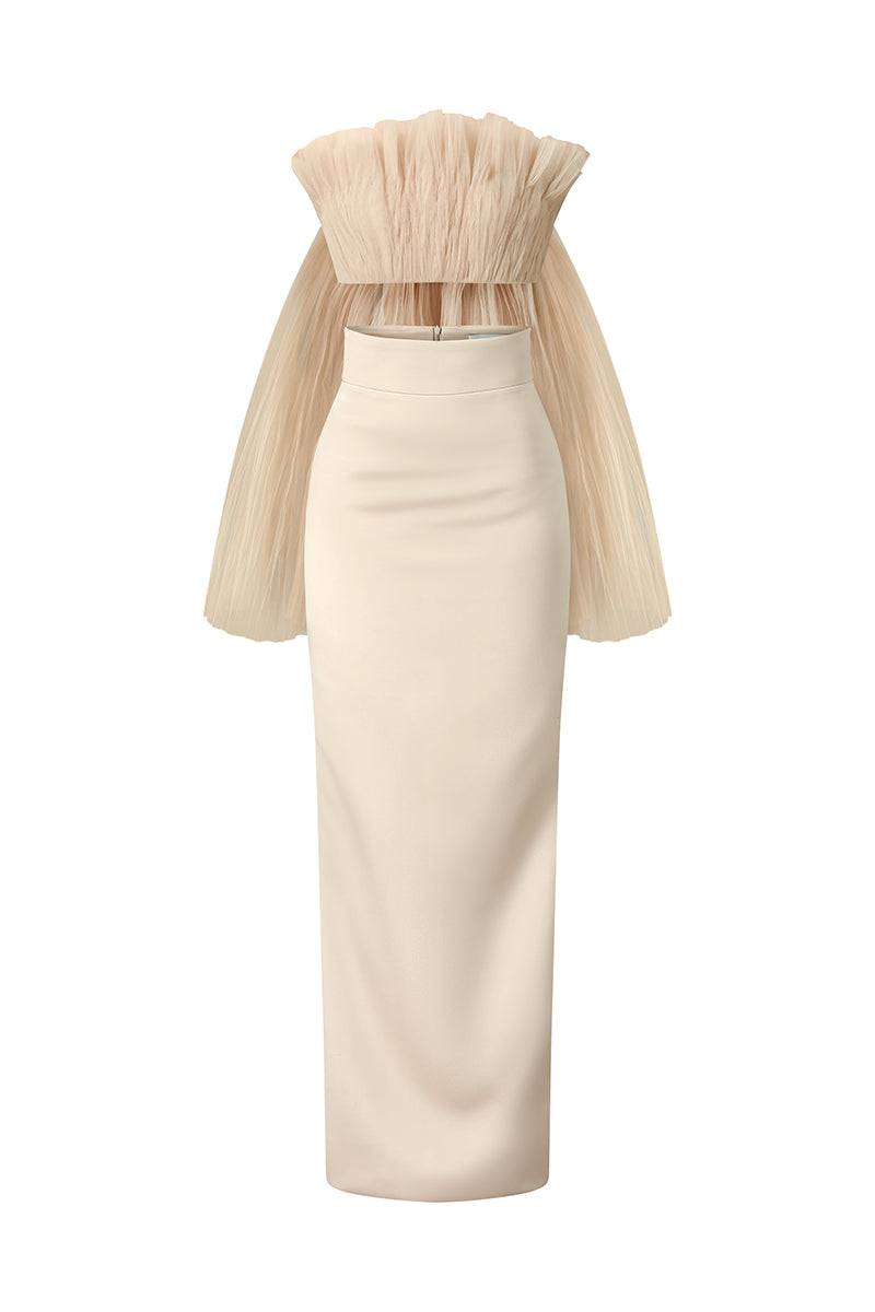NUDE PLEATED TOP AND PENCIL SKIRT SET - CULT MIA