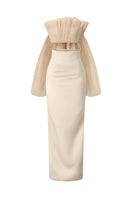 Phan Huy nude pleated top and pencil skirt co-ords set, front view showing stylish pleats and fitted silhouette.