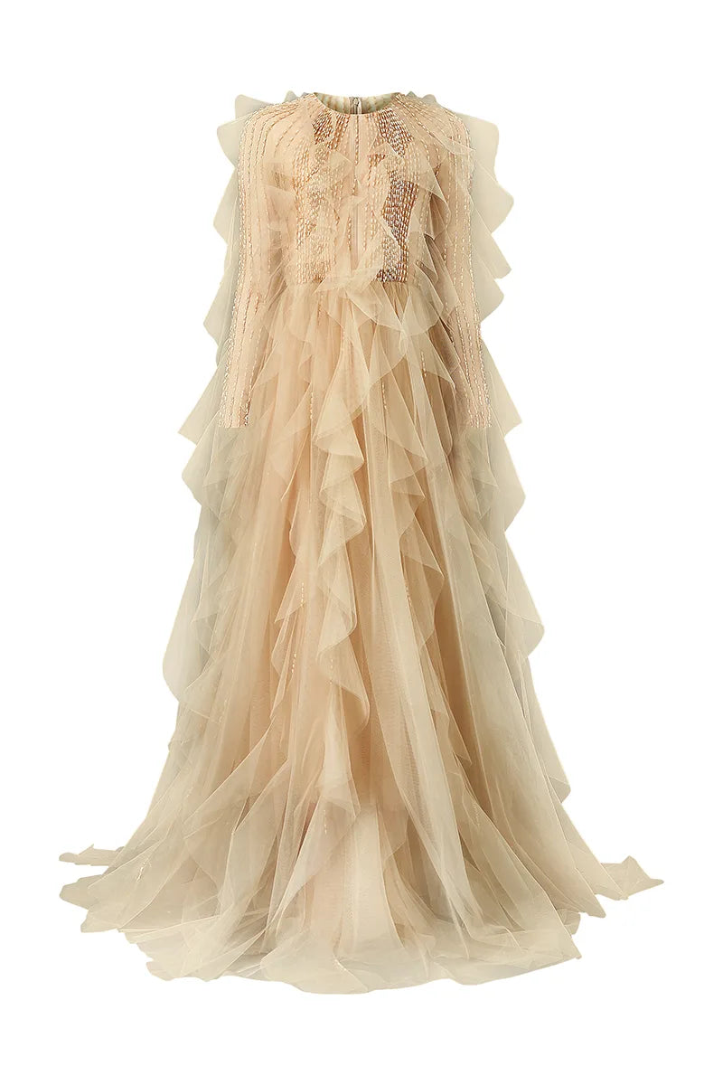 ETHEREAL RUFFLED TULLE GOWN WITH BEADED ELEGANCE - CULT MIA