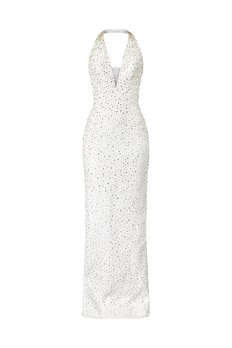 DEEP V-NECK ELEGANT DRESS WITH HAND EMBROIDERED GOLD SEQUINS - CULT MIA