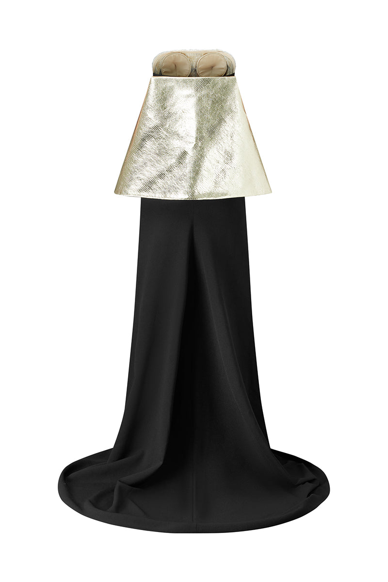 BLACK MAXI DRESS WITH CRYSTAL EMBROIDERED AND GOLD DETACHABLE CAPE | CULT MIA | Phan Huy BLACK MAXI DRESS WITH CRYSTAL EMBROIDERED AND GOLD DETACHABLE CAPE | CULT MIA | Phan Huy