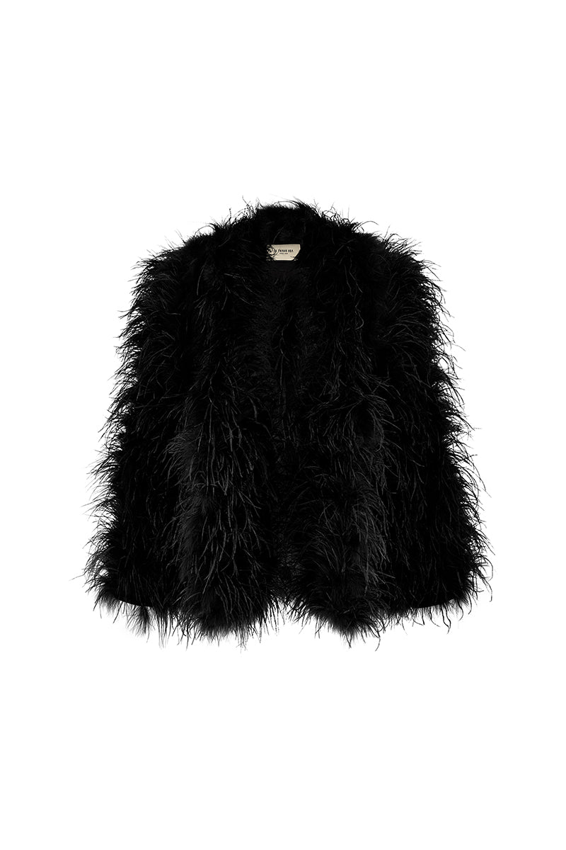 Front view of Le Thanh Hoa Mystery of the Night coat, stylish black outerwear with a sleek design and tailored fit.