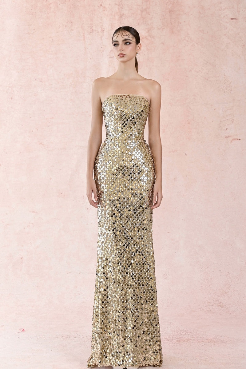 GOLD STRAPLESS LONG DRESS - CULT MIA