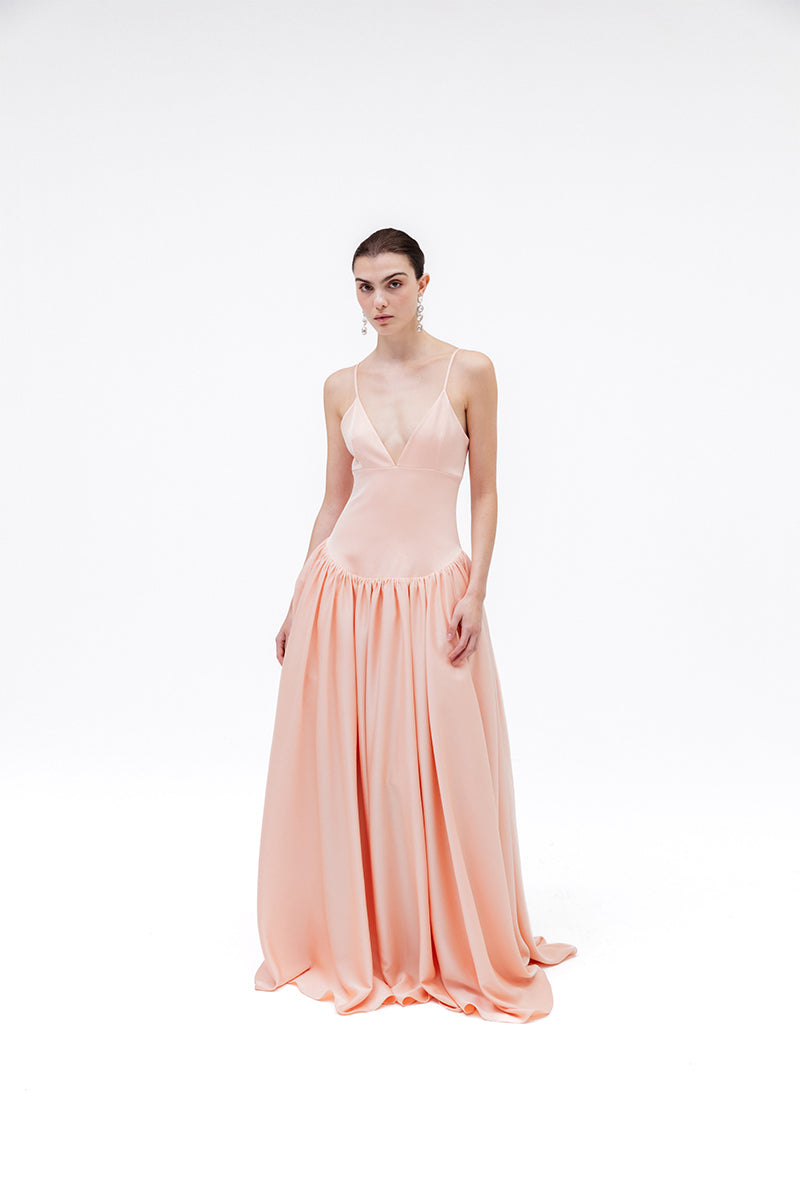 Studio NK peach maxi dress, Grace Dress in lightweight fabric, featuring a flowing design and elegant neckline.