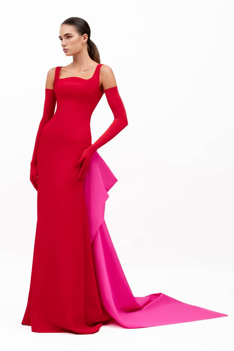 Red GRANATO dress gown by MOON / HAKAAN YILDIRIM, featuring elegant fabric and stylish design, shown in this image.