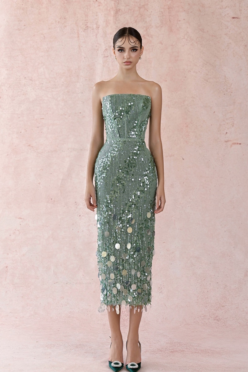 GREEN SEQUIN STRAPLESS DRESS - CULT MIA