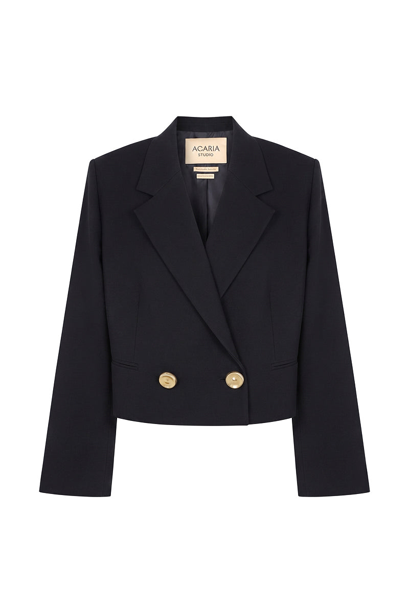 Black GURU crop blazer by Acaria Studio featuring a tailored fit and stylish design, shown on a model.