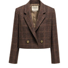 Brown GURU Crop Blazer by Acaria Studio, tailored fit with structured design, shown on a model.