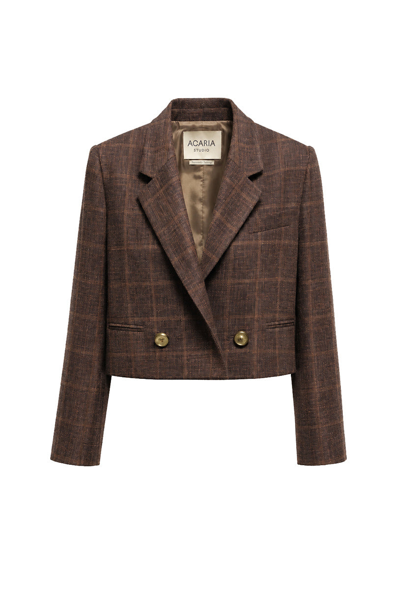 Brown GURU Crop Blazer by Acaria Studio, tailored fit with structured design, shown on a model.