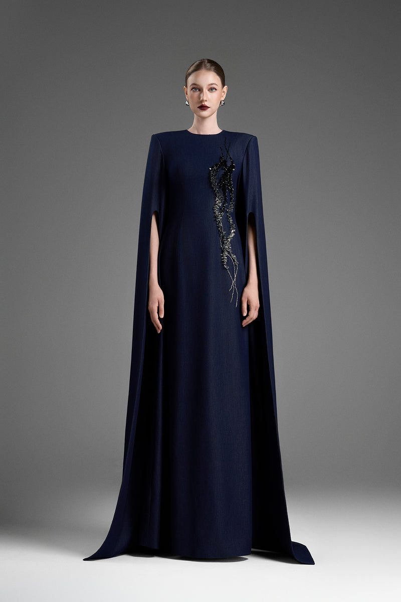 Dark blue GVLUX A-line maxi gown with flared sleeves, elegant and flowing, perfect for formal occasions.