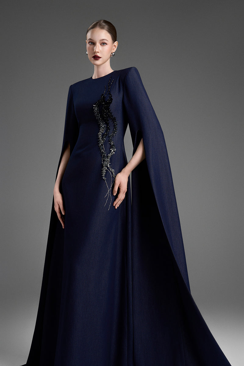 Dark blue GVLUX A-line maxi gown with flared sleeves, elegant and flowing, perfect for formal occasions.