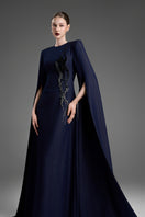 Dark blue GVLUX A-line gown with flared sleeves, elegant evening dress, flowing silhouette, perfect for formal occasions.