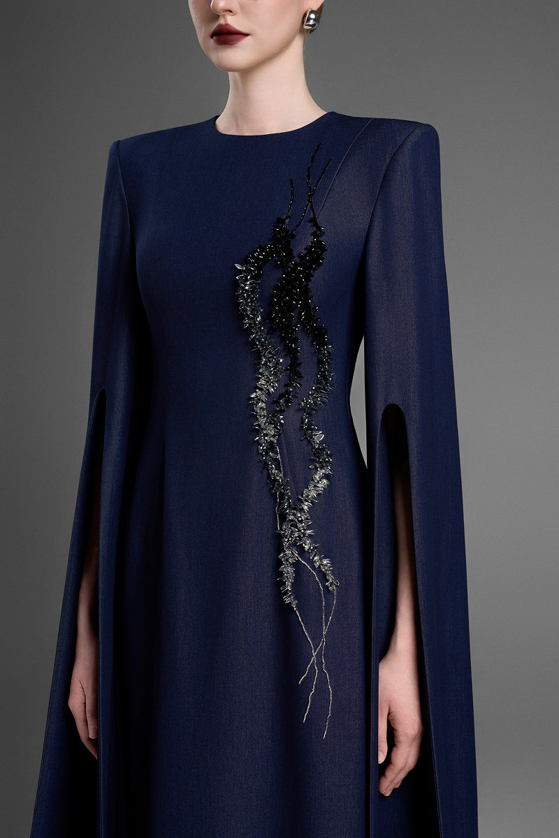 Dark blue GVLUX A-line maxi gown with flared sleeves, elegant and flowing, perfect for formal occasions.