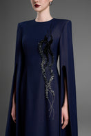 Dark blue GVLUX A-line gown with flared sleeves, elegant and flowing, perfect for formal occasions.